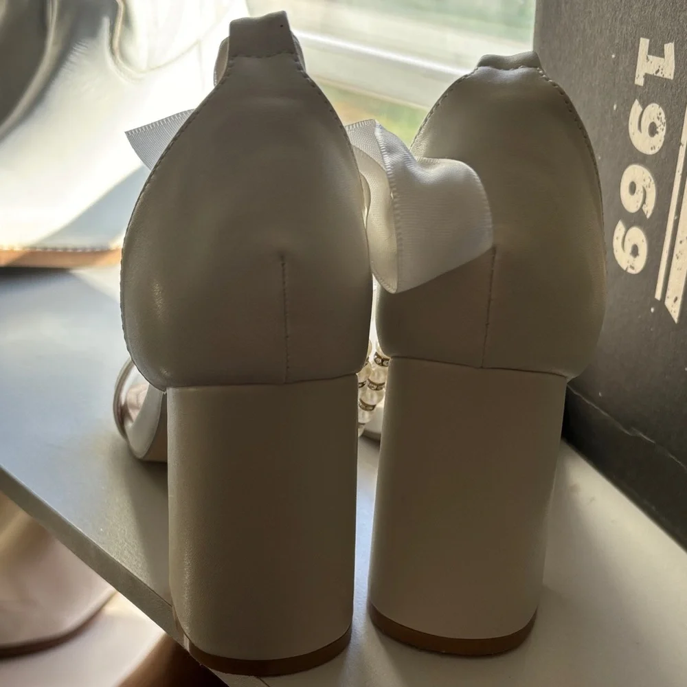 Elegant Pearl-Accent white Block Heels - Picture 3 of 4